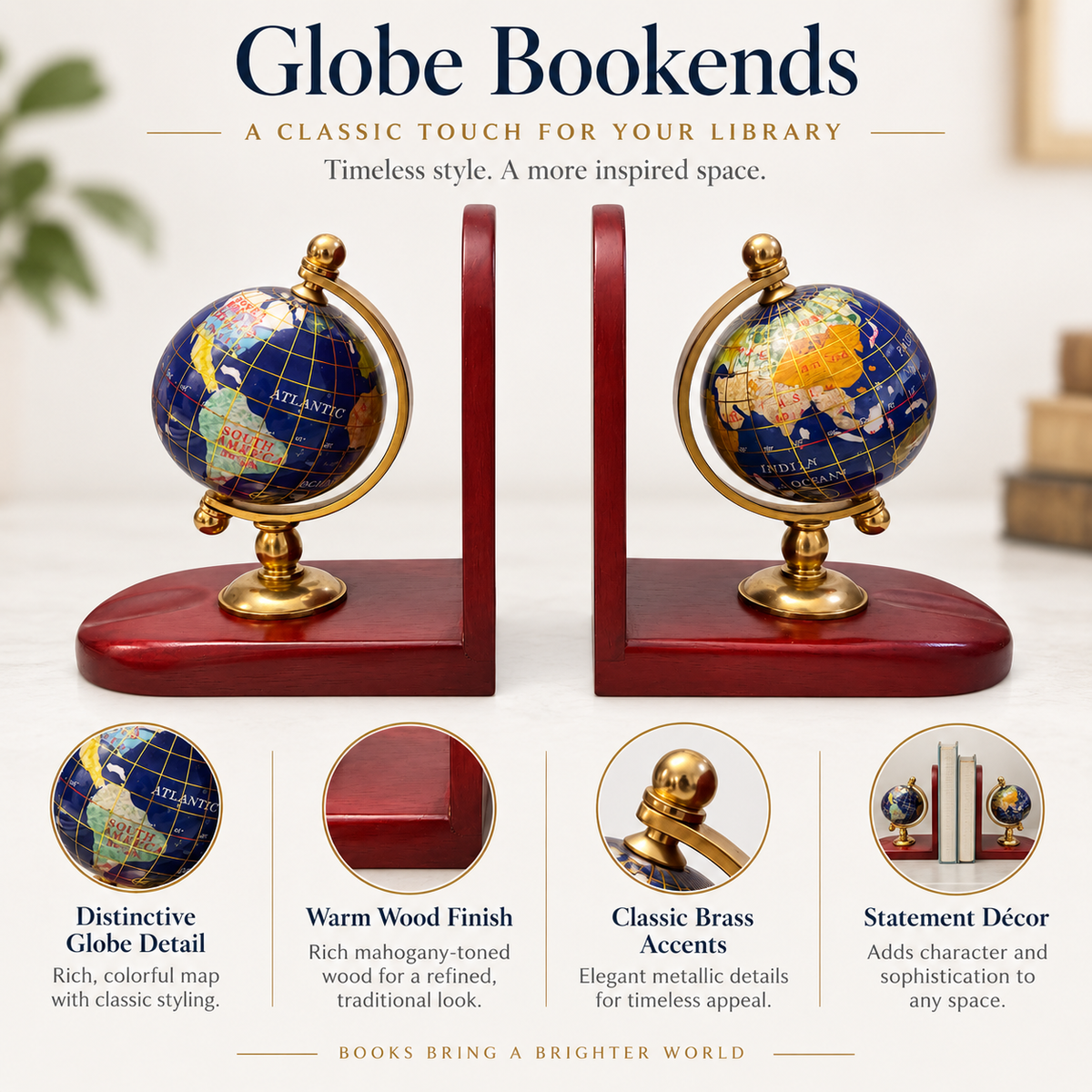 Vintage Globe Bookends – Mahogany Wood & Brass-Tone Set