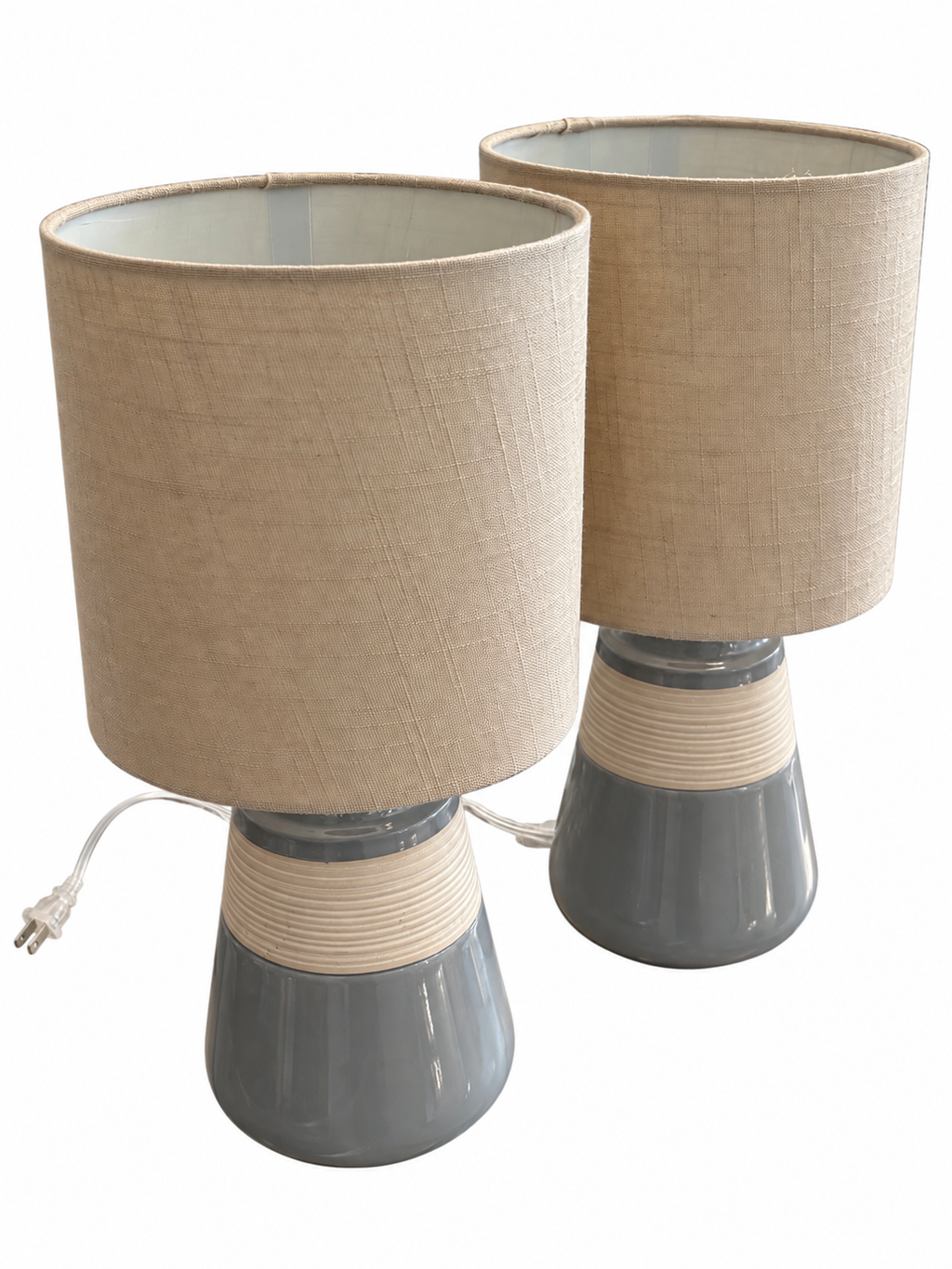 Set of 2 Modern Grey & Cream Ceramic Table Lamps with Linen Shades