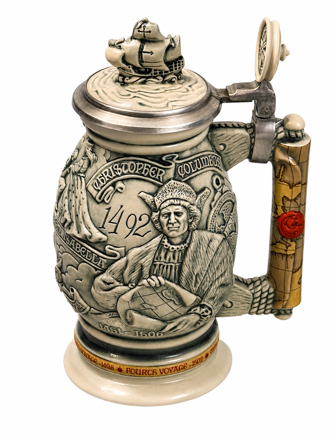Vintage Christopher Columbus 1492 Commemorative Beer Stein with Pewter Lid