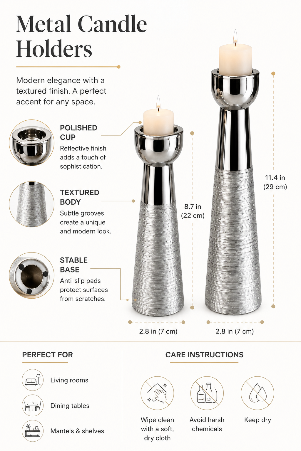 Modern Silver Metal Candle Holder Set (2-Piece) – Textured Contemporary Pillar Candle Holders