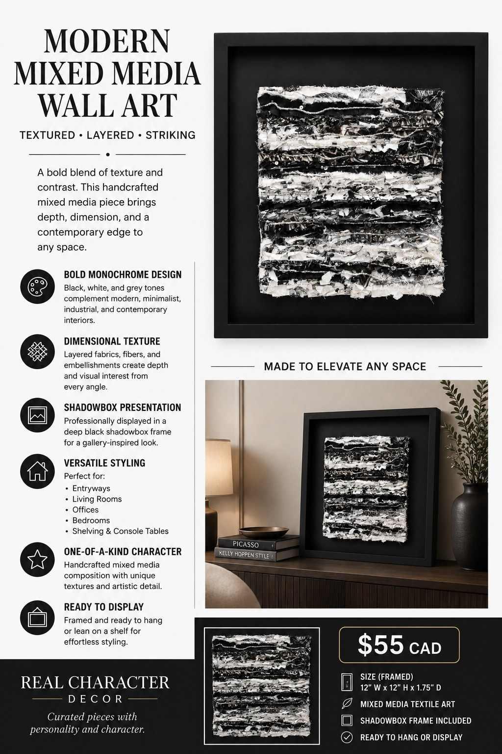 Framed Monochrome Mixed Media Textile Wall Art