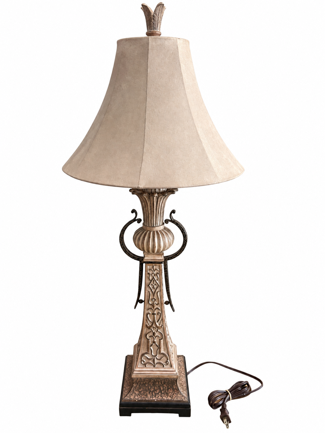 Ornate Antique-Style Bronze & Champagne Table Lamp with Fabric Bell Shade