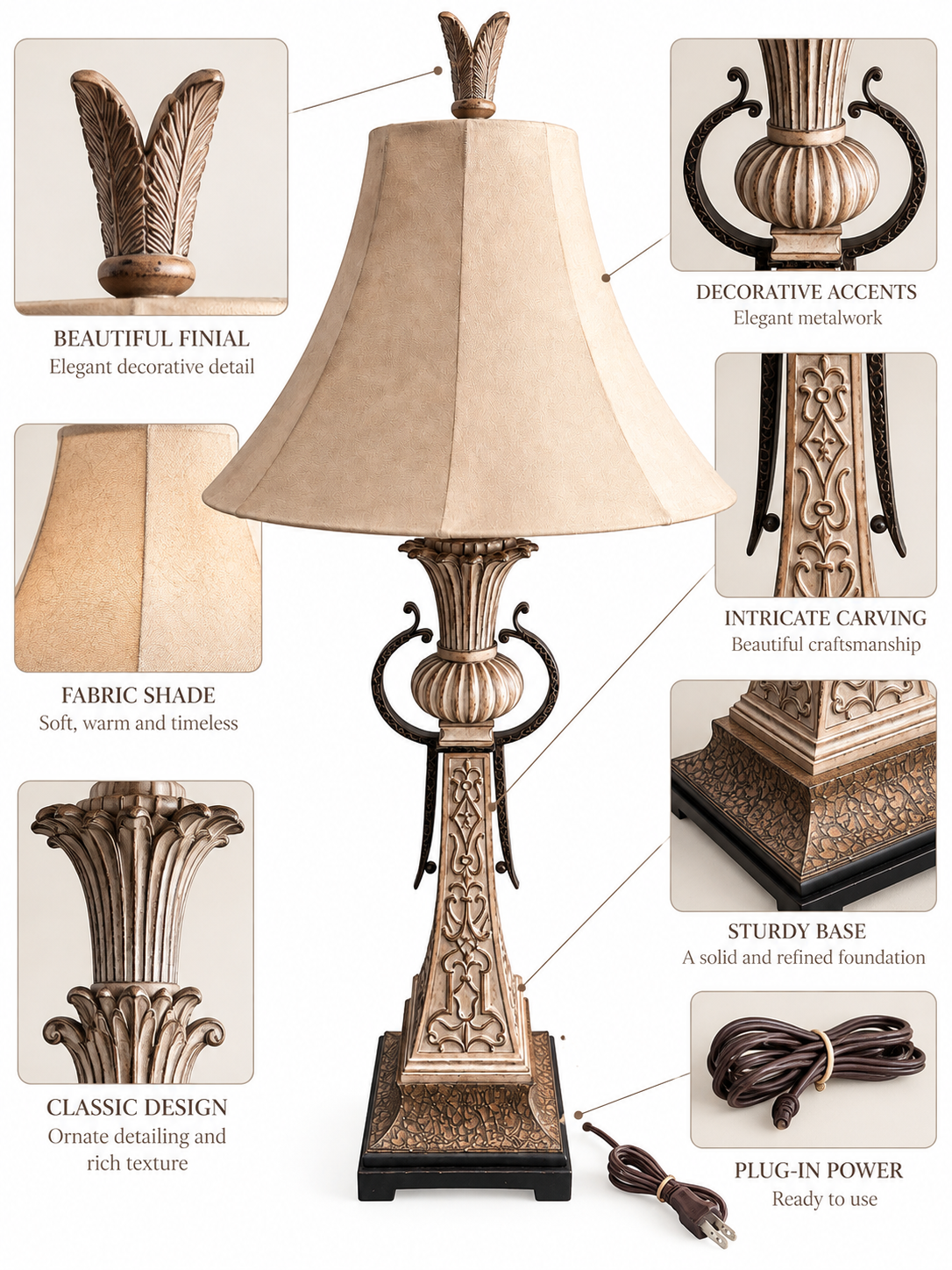 Ornate Antique-Style Bronze & Champagne Table Lamp with Fabric Bell Shade