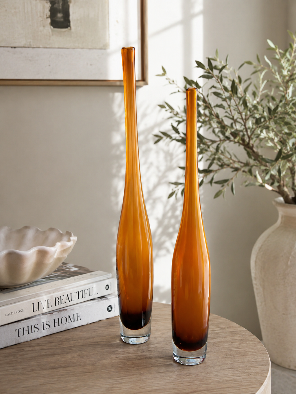 Set of 2 Tall Amber Art Glass Bud Vases – Modern Sculptural Décor