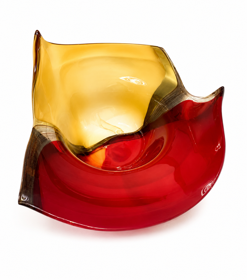 Sculptural Red & Amber Art Glass Vase & Bowl Set