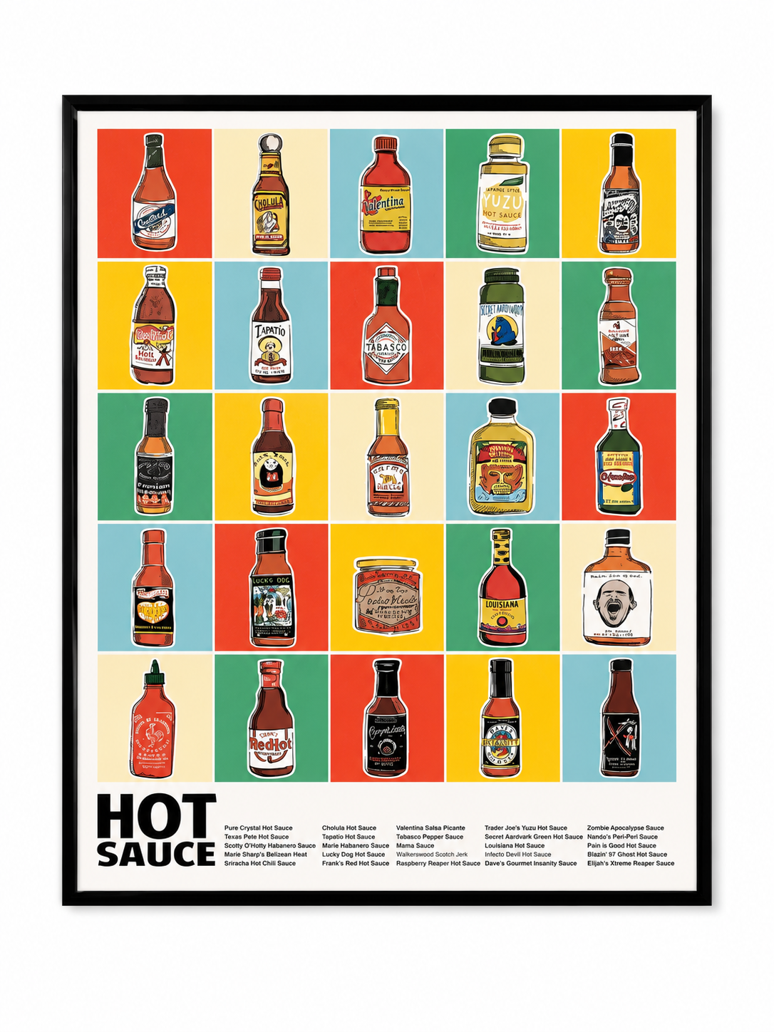 Hot Sauce Collection Framed Art Print | Ready-to-Hang Kitchen Wall Decor