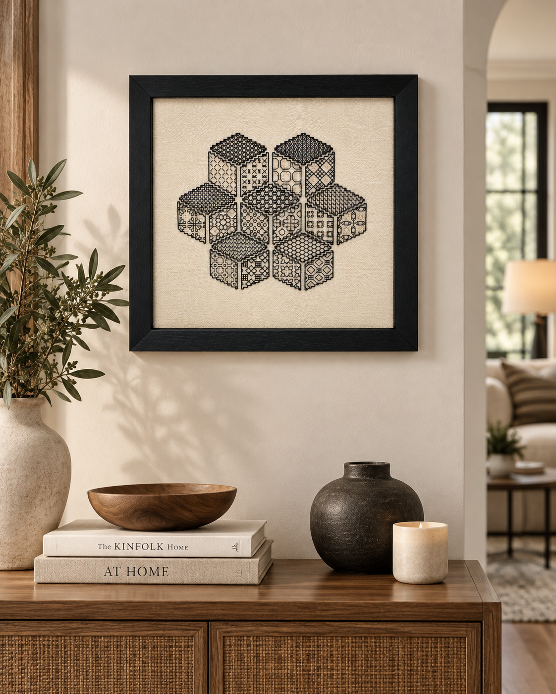 Framed Geometric Textile Art – Black & Natural