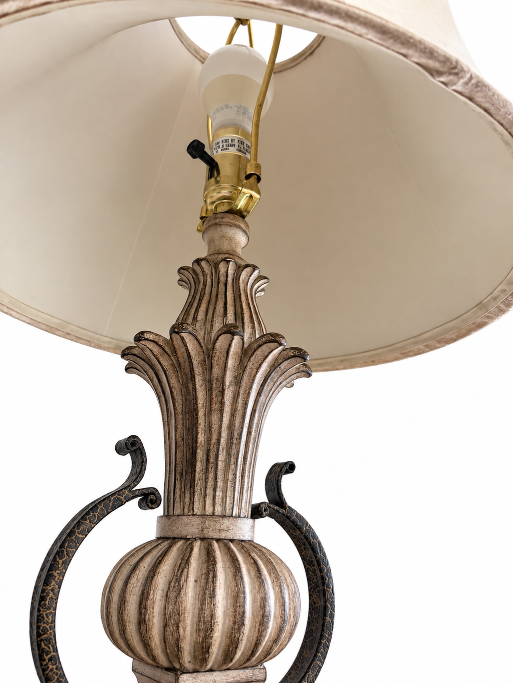 Ornate Antique-Style Bronze & Champagne Table Lamp with Fabric Bell Shade