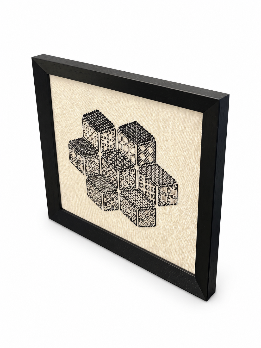 Framed Geometric Textile Art – Black & Natural