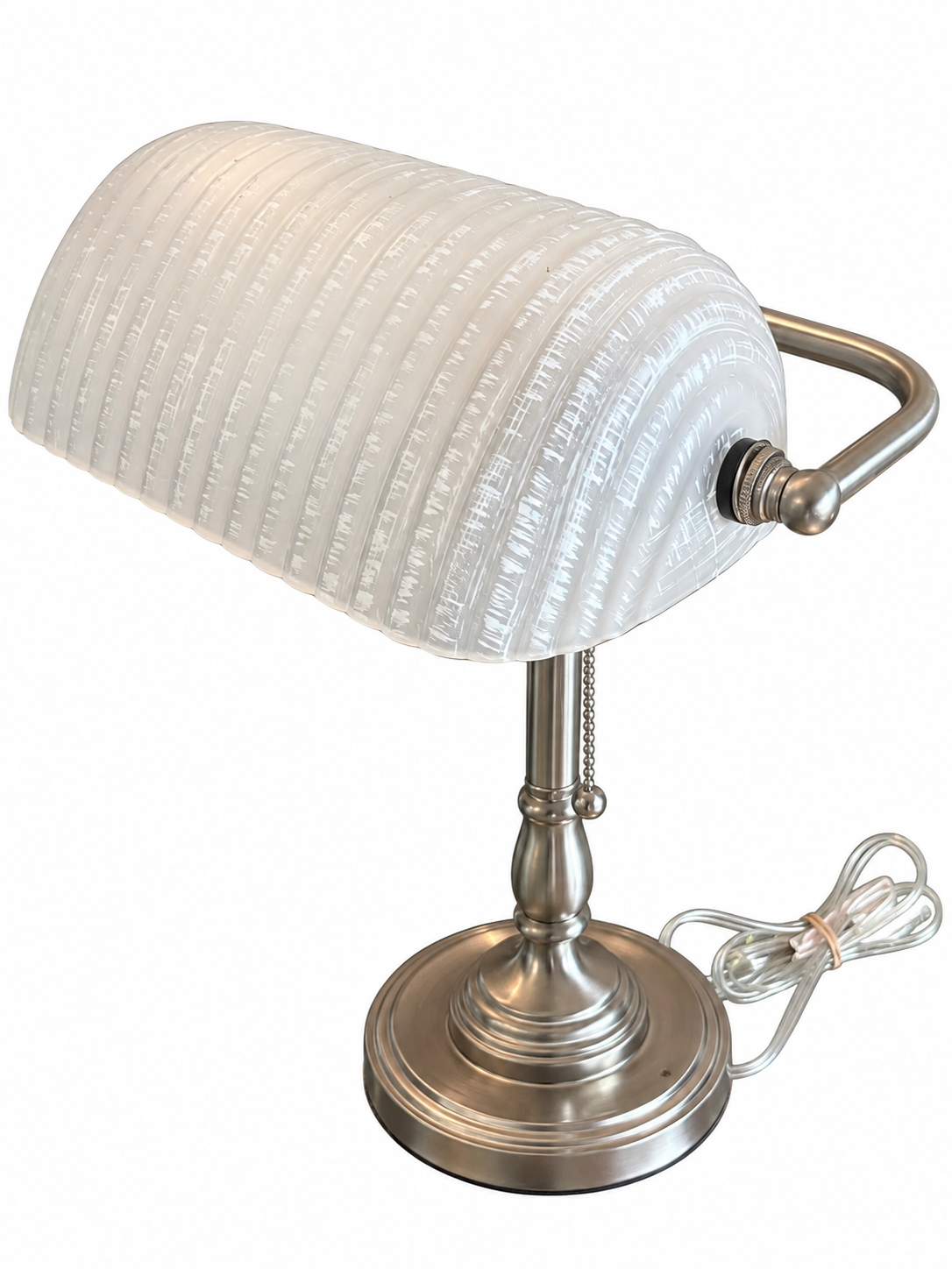 Brushed Nickel Banker Lamp with Textured Glass Shade