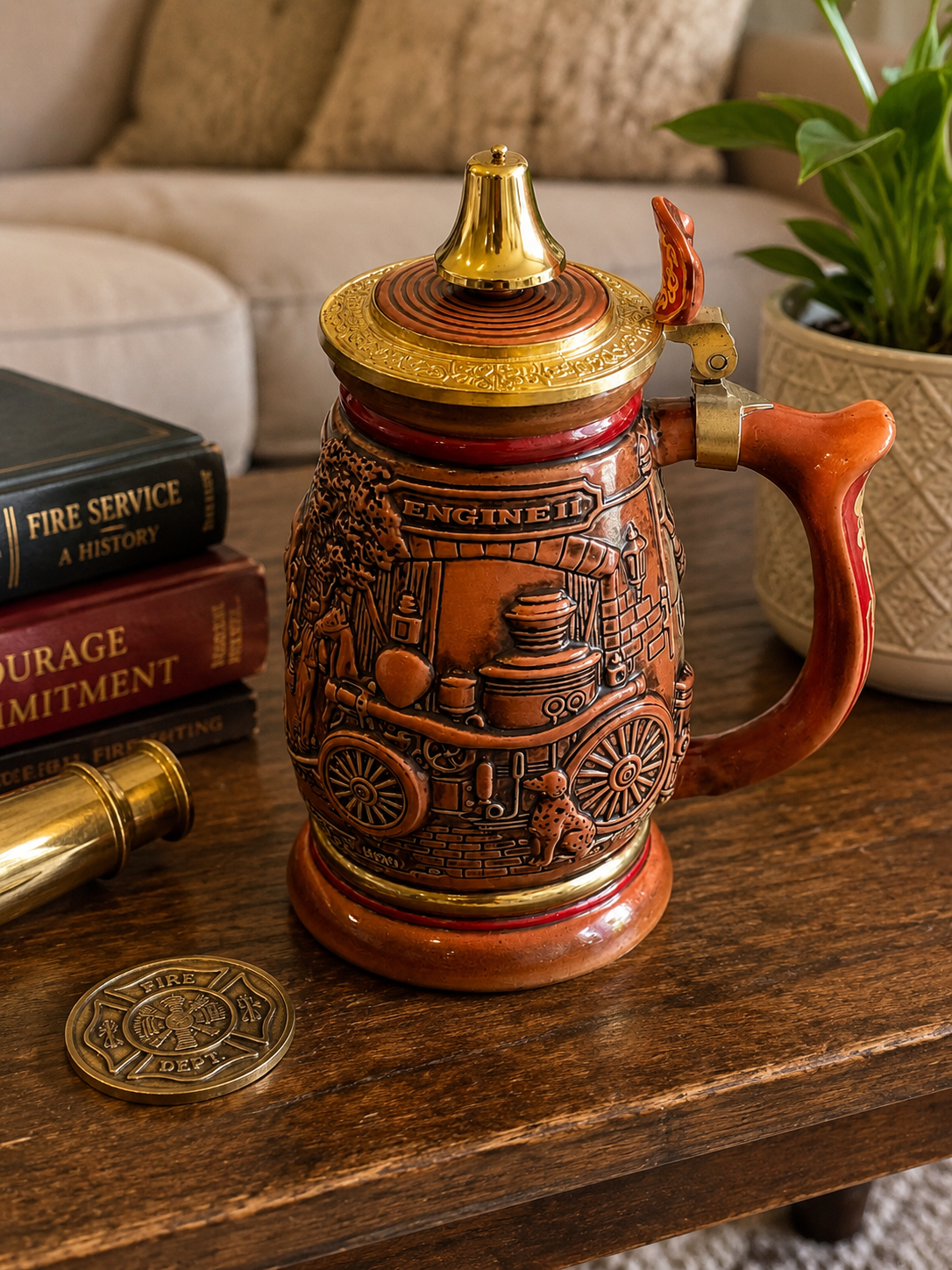 Vintage Avon 1990 Tribute to Firefighters Lidded Beer Stein – Handcrafted in Brazil