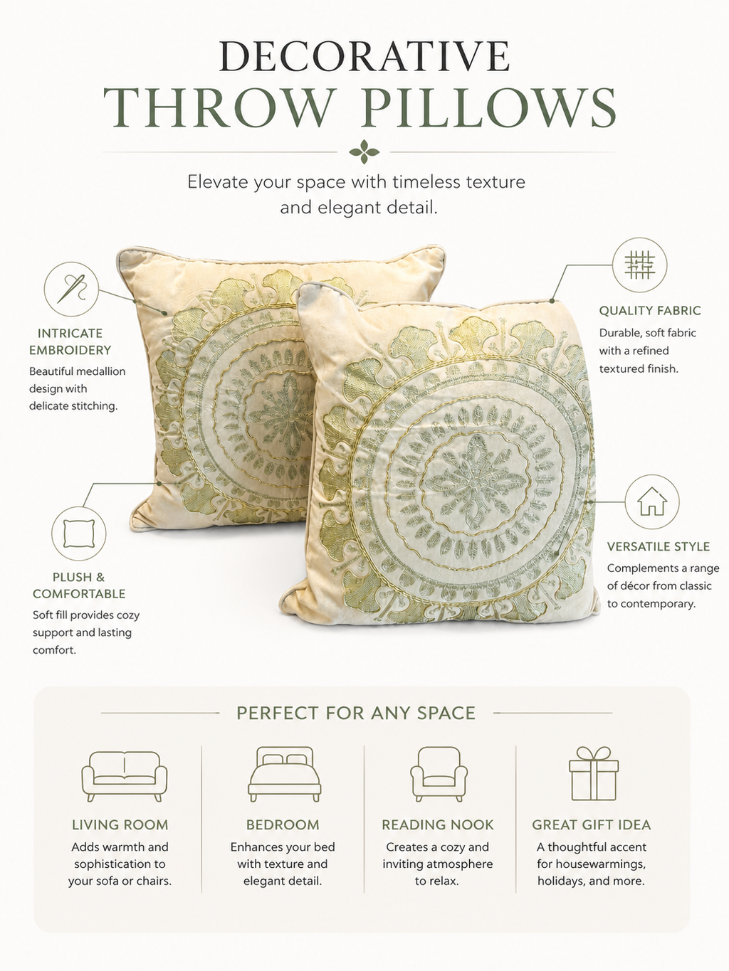 Set of 2 Embroidered Decorative Throw Pillows – Ivory & Sage Medallion Design