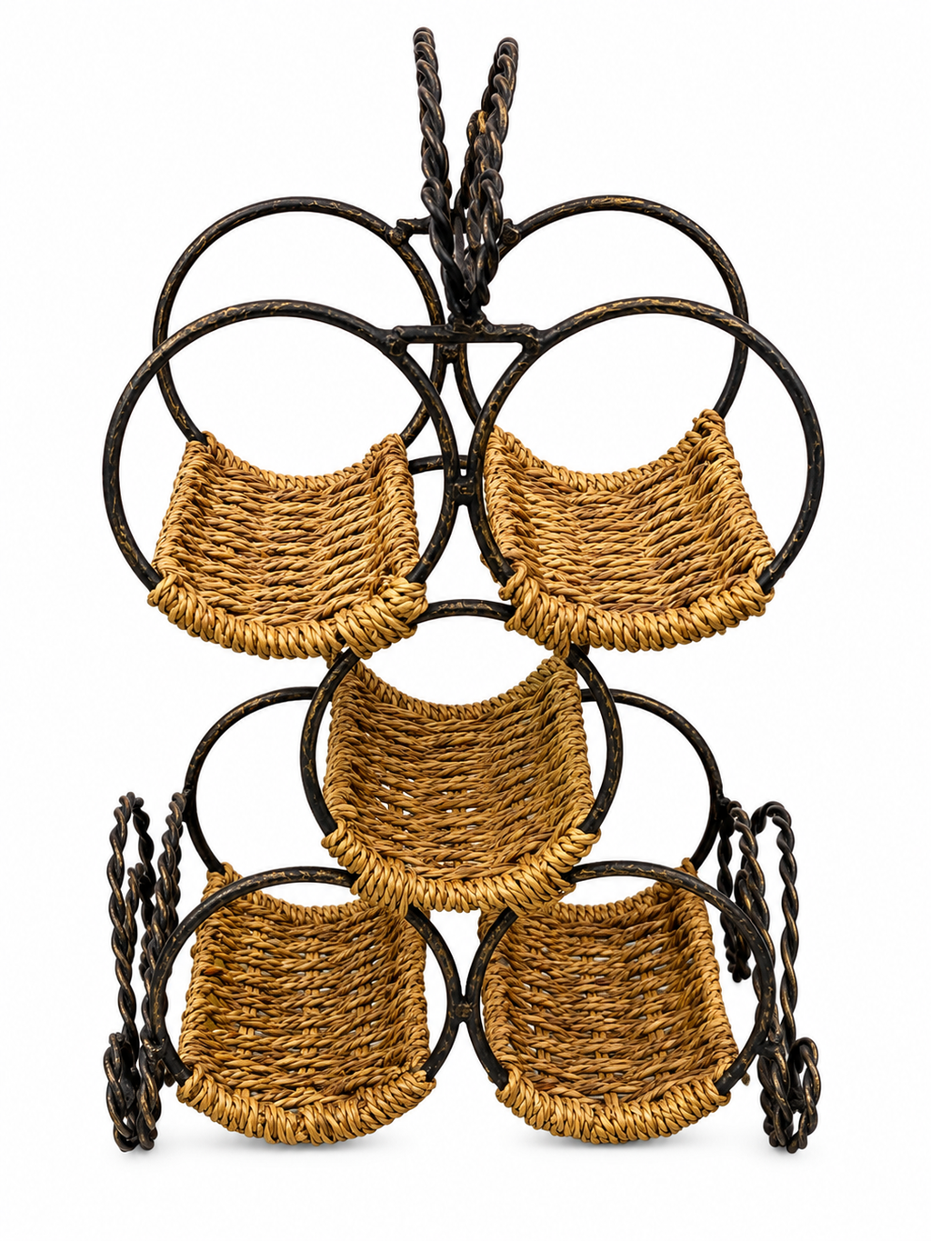 Rustic Woven 5-Bottle Wine Rack with Twisted Metal Frame
