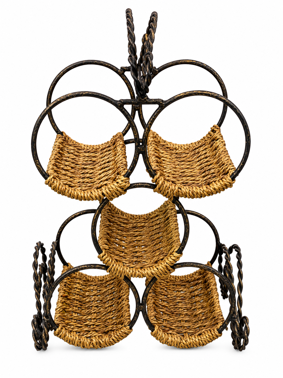 Rustic Woven 5-Bottle Wine Rack with Twisted Metal Frame