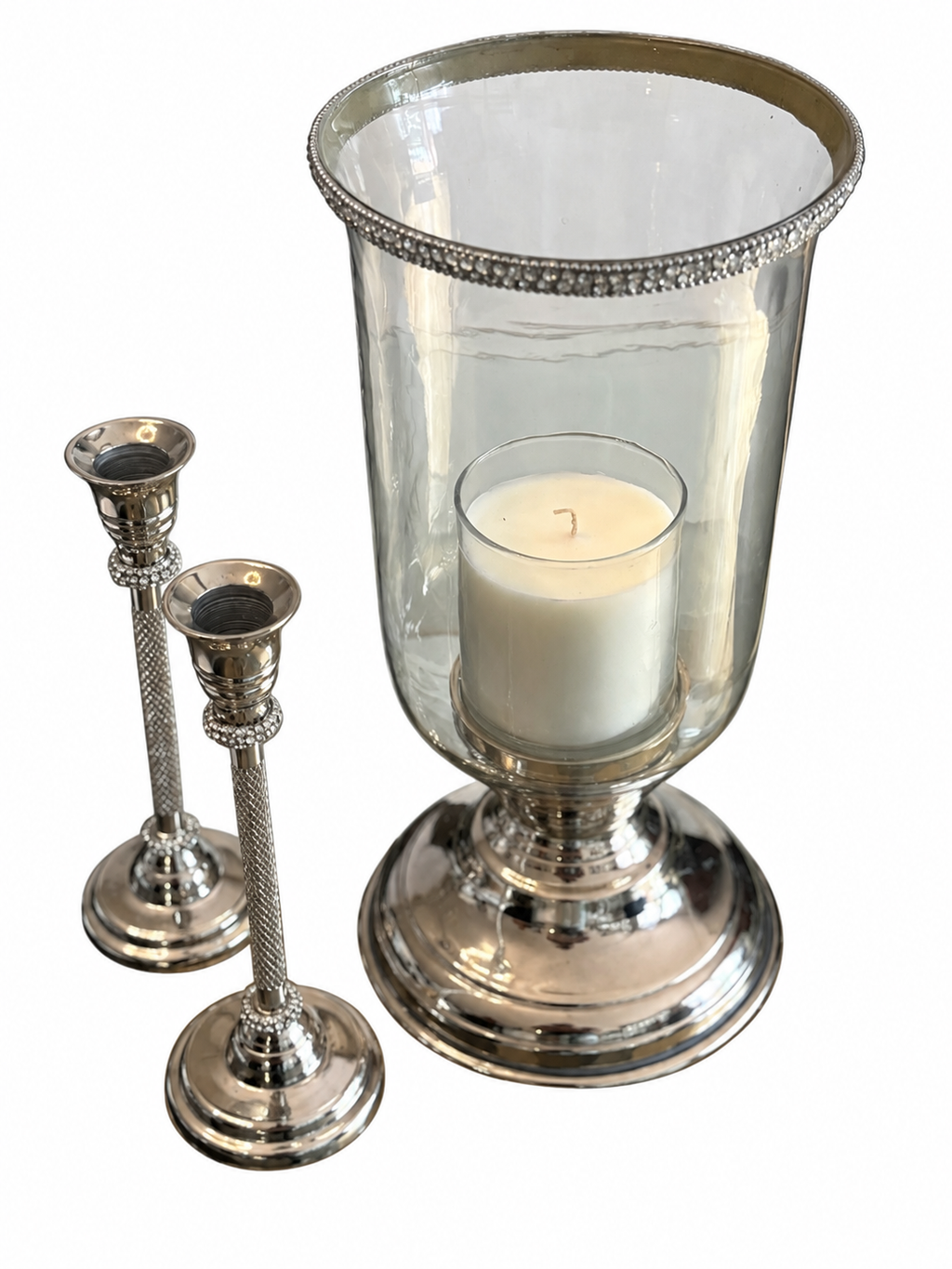 3-Piece Silver Hurricane Candle Holder & Taper Candlestick Set