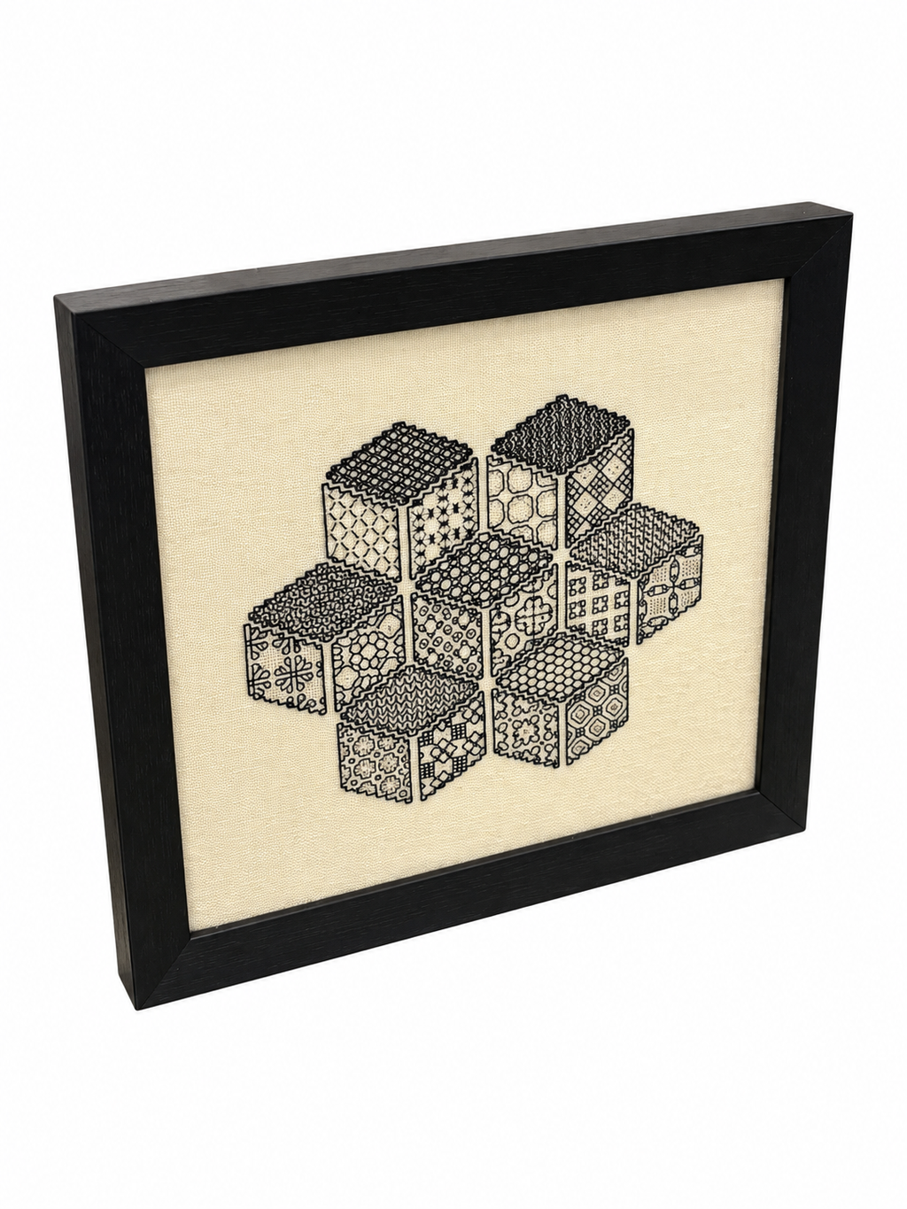 Framed Geometric Textile Art – Black & Natural