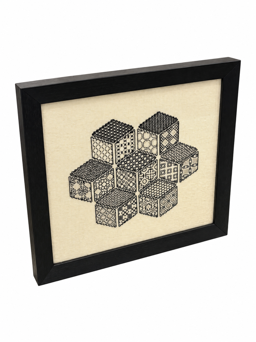 Framed Geometric Textile Art – Black & Natural