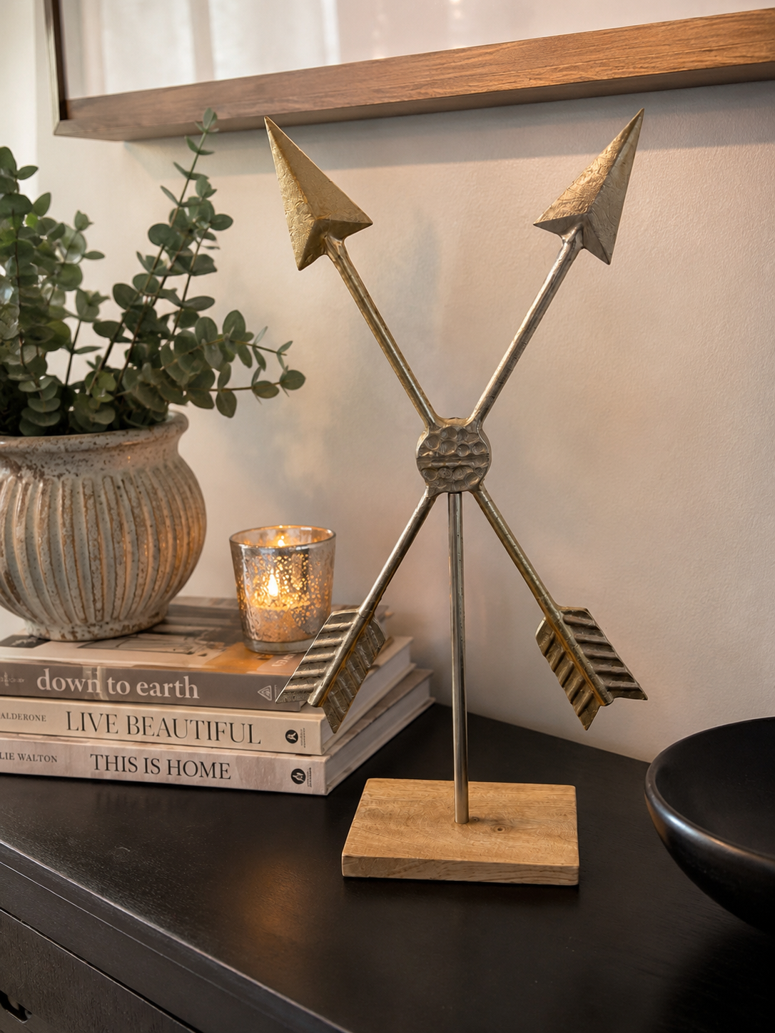 Decorative Crossed Arrow Metal Sculpture on Wooden Base