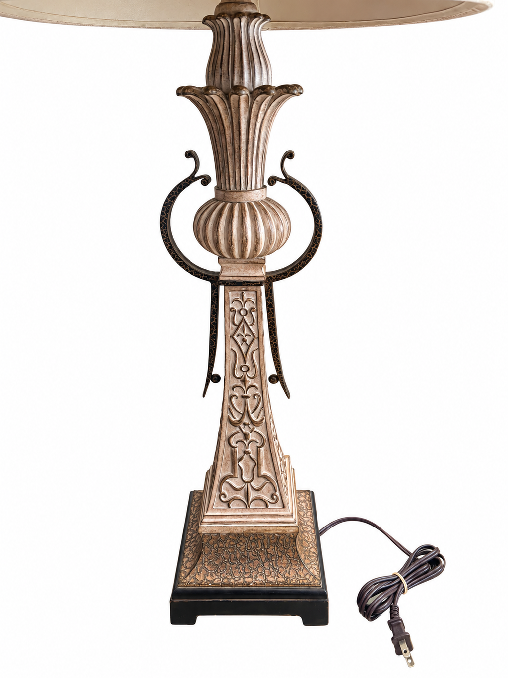 Ornate Antique-Style Bronze & Champagne Table Lamp with Fabric Bell Shade
