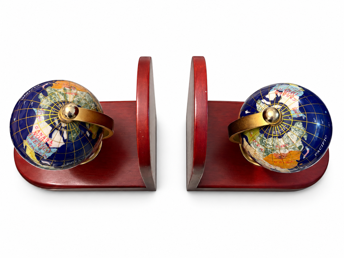 Vintage Globe Bookends – Mahogany Wood & Brass-Tone Set