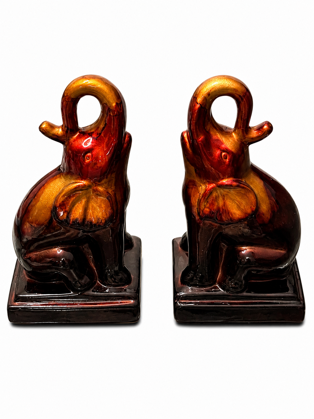 Vintage Ceramic Elephant Bookends – Glossy Amber & Brown Decorative Bookend Set (Pair)