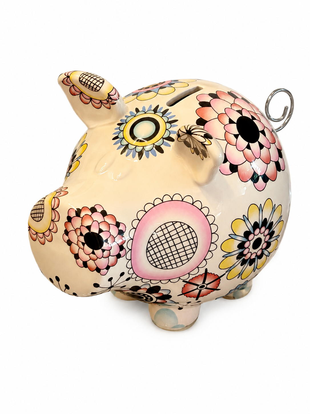 Vintage Style Hand-Painted Floral Ceramic Piggy Bank – Decorative Coin Bank with Metal Curly Tail