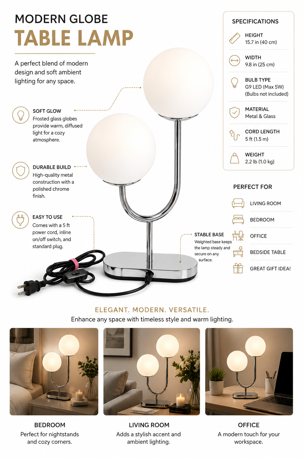 Modern Dual Globe Chrome Table Lamp