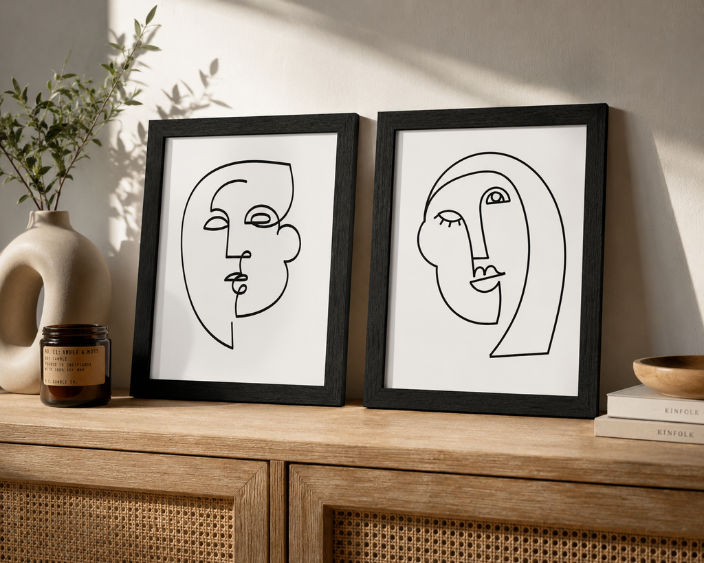 Modern Abstract Face Wall Art | Matching Framed Print Set (2 Pieces) – Black Textured Frames