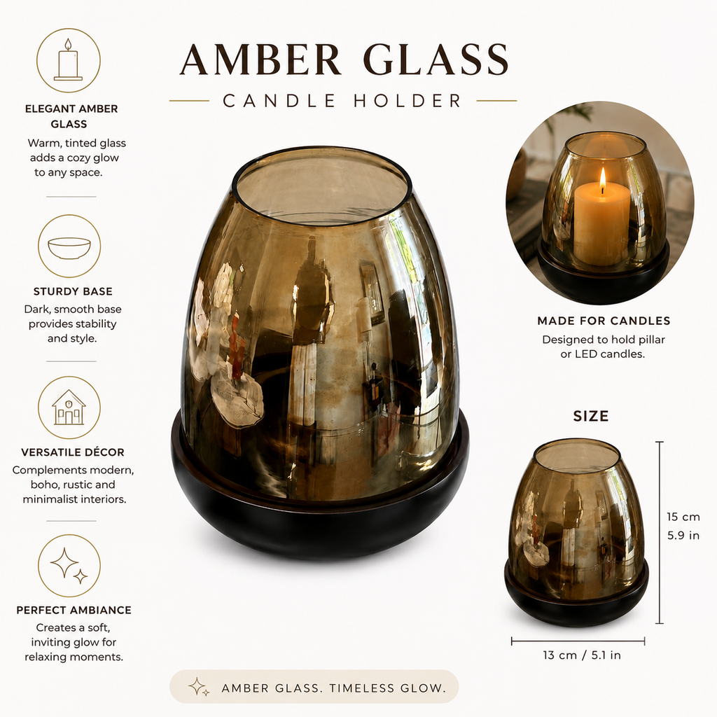Smoked Amber Glass Candle Lantern with Dark Wood-Look Base