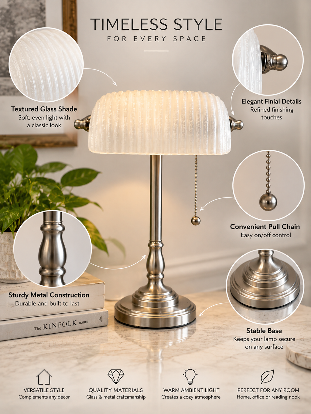 Brushed Nickel Banker Lamp with Textured Glass Shade
