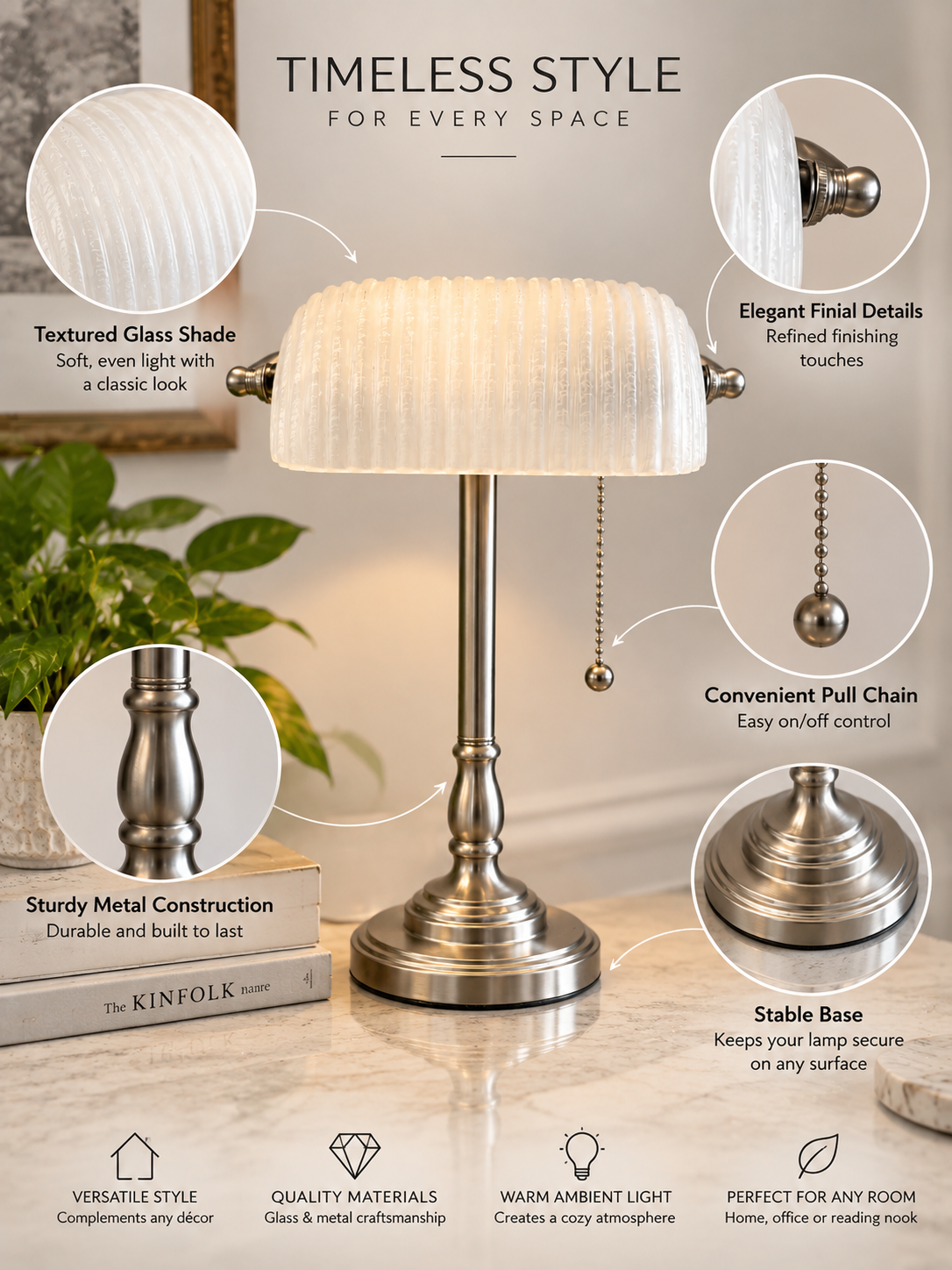 Brushed Nickel Banker Lamp with Textured Glass Shade