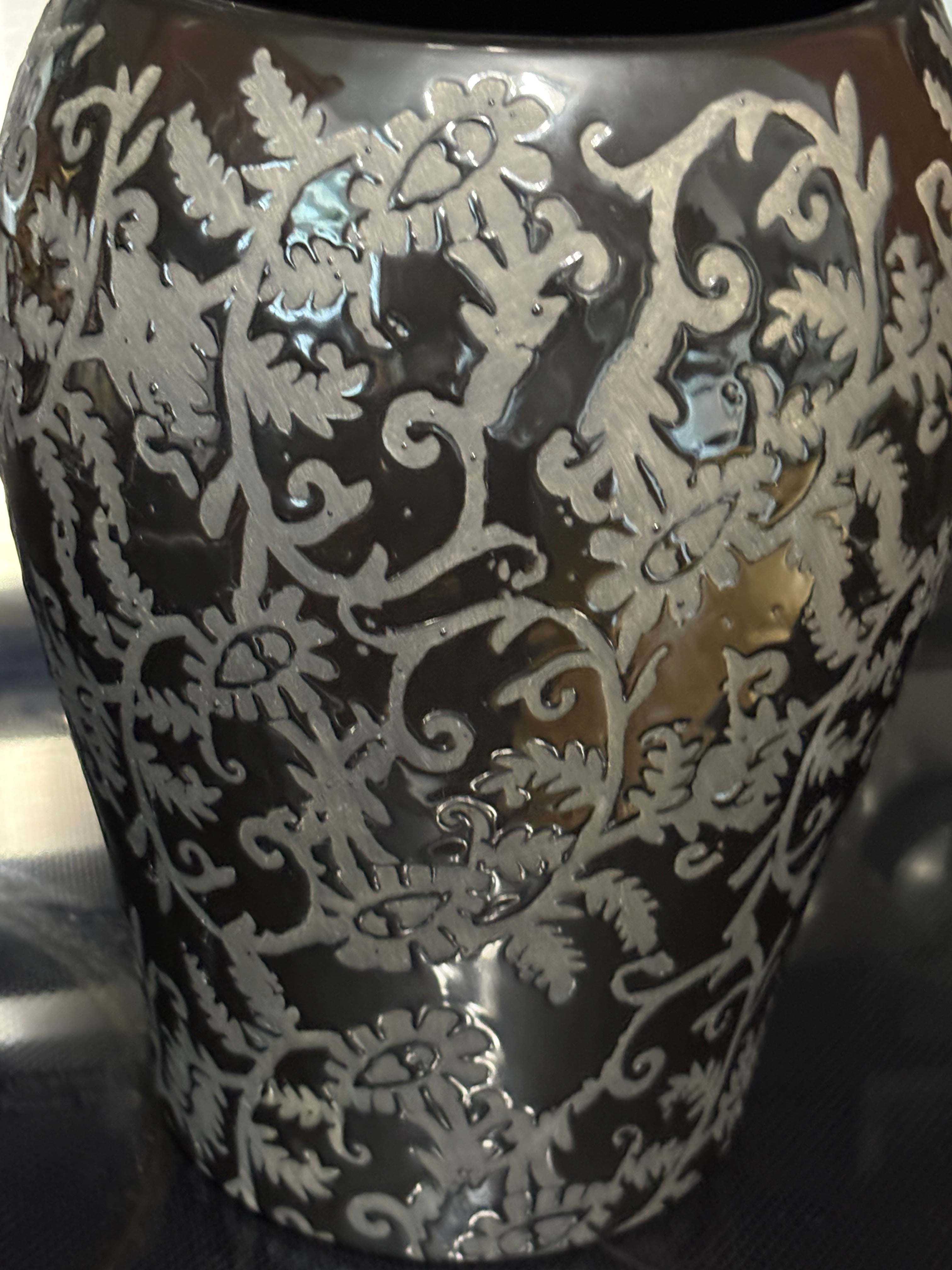 Decorative Charcoal Ceramic Vase with Botanical Pattern