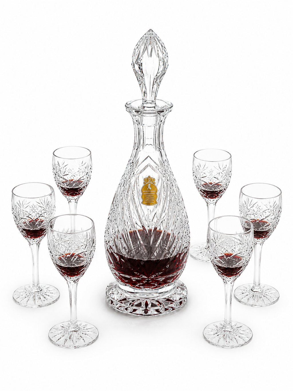 Imperlux Handcut Crystal Decanter & Wine Glass Set – 7 Piece Collection