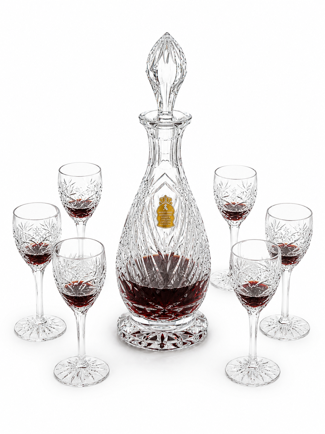 Imperlux Handcut Crystal Decanter & Wine Glass Set – 7 Piece Collection