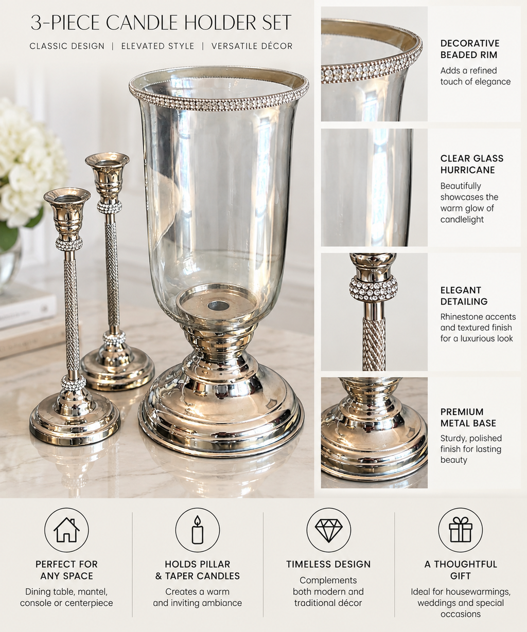 3-Piece Silver Hurricane Candle Holder & Taper Candlestick Set