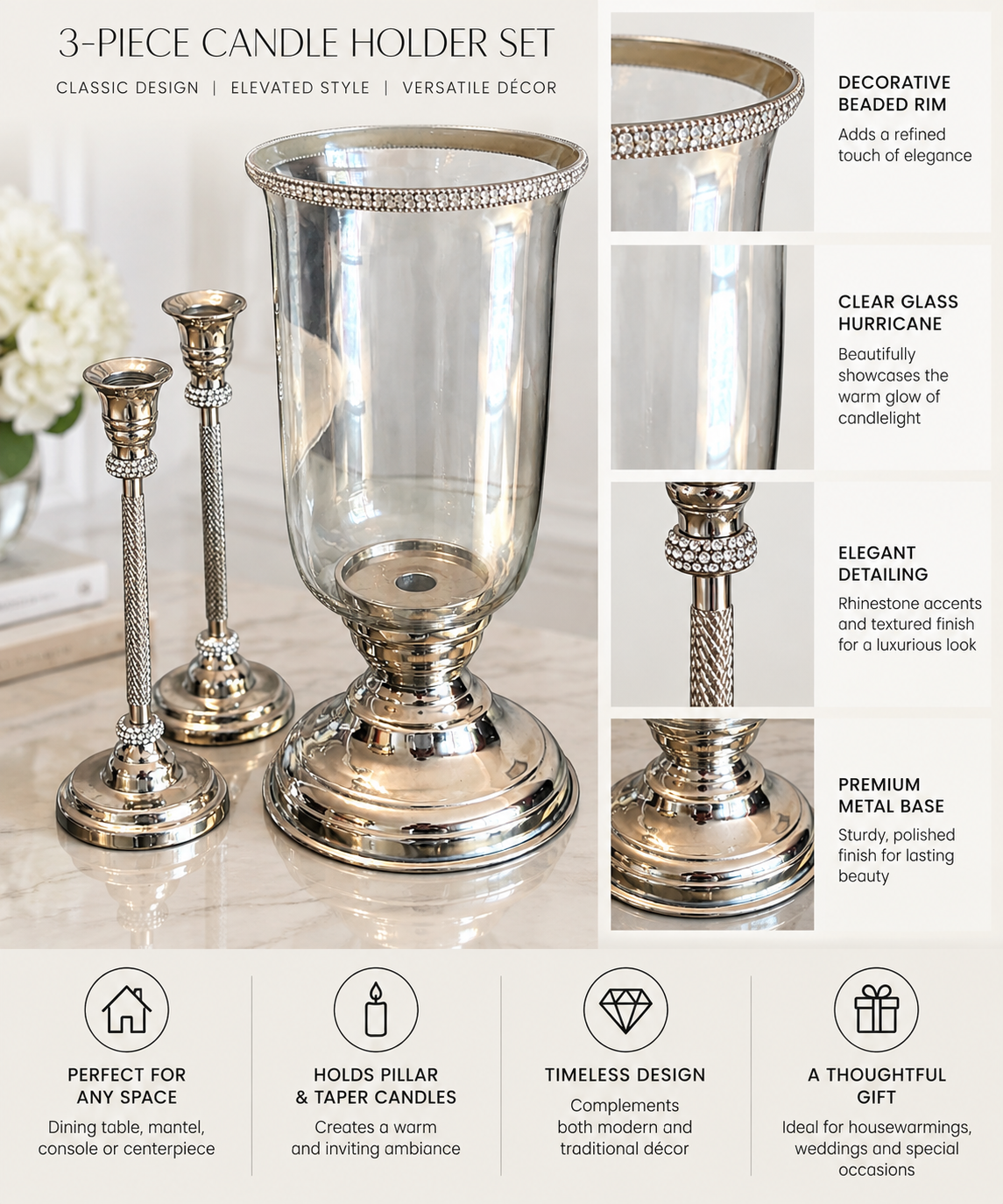 3-Piece Silver Hurricane Candle Holder & Taper Candlestick Set
