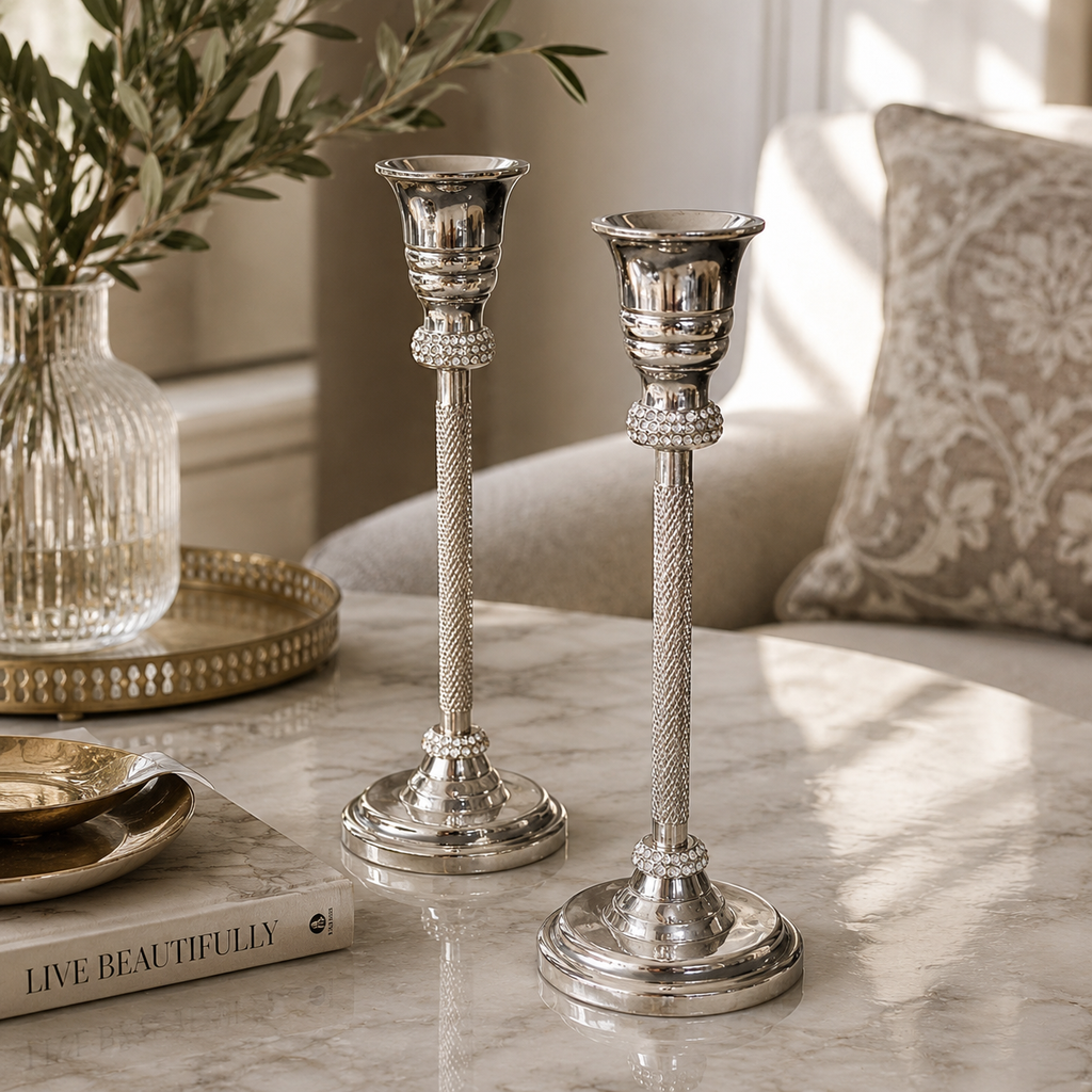 Set of 2 Silver Crystal Accent Candle Holders