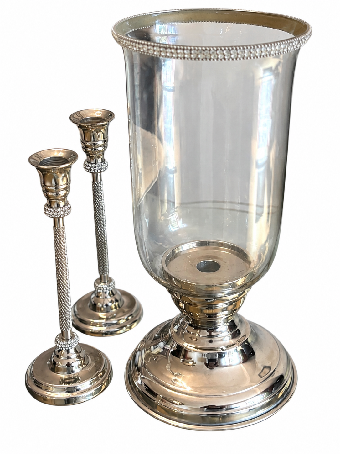 3-Piece Silver Hurricane Candle Holder & Taper Candlestick Set