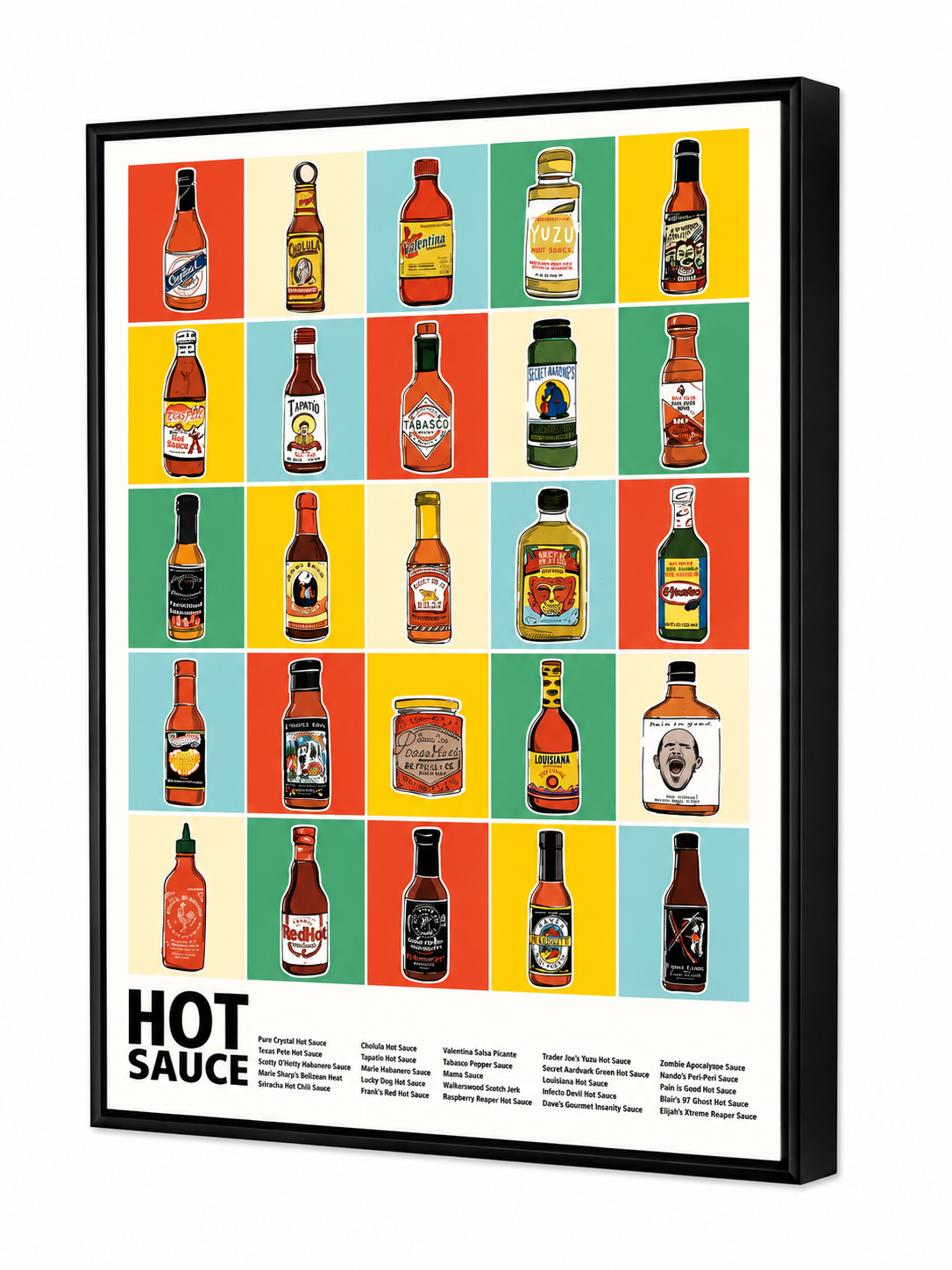 Hot Sauce Collection Framed Art Print | Ready-to-Hang Kitchen Wall Decor