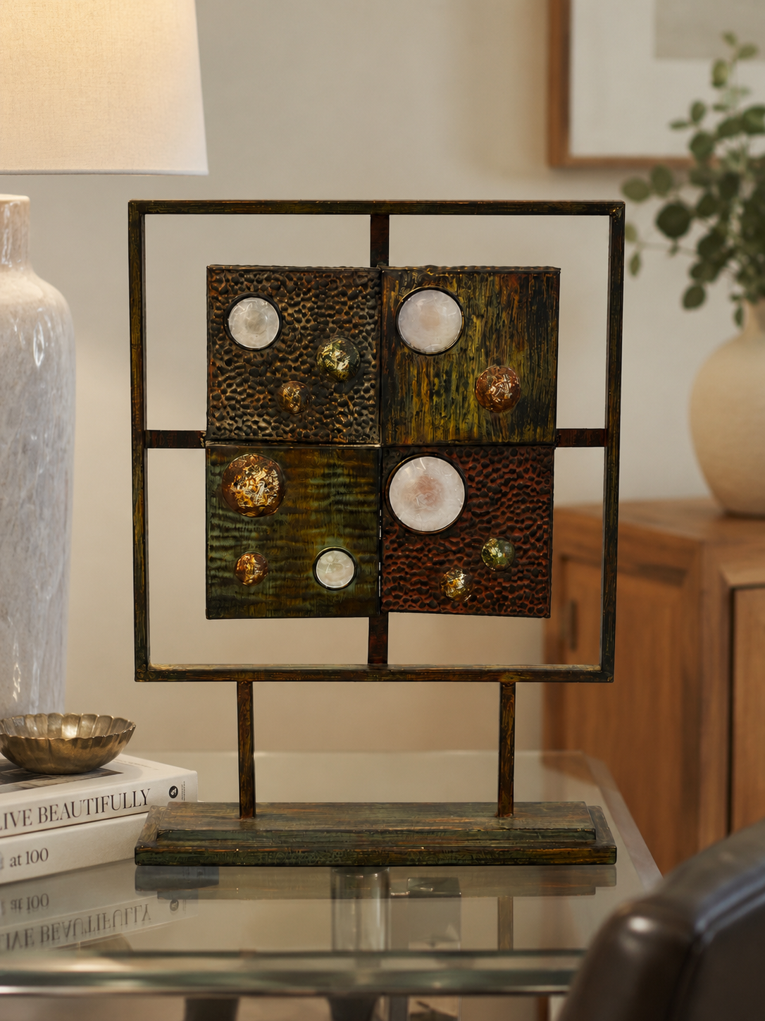 Modern Industrial Metal & Faux Stone Tabletop Sculpture