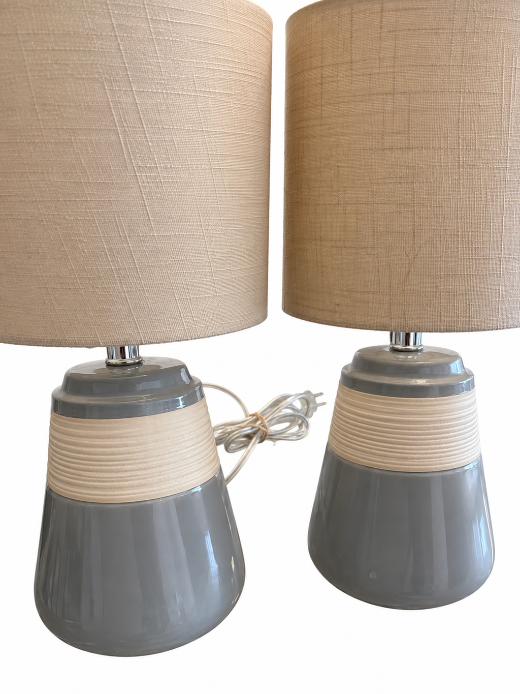 Set of 2 Modern Grey & Cream Ceramic Table Lamps with Linen Shades