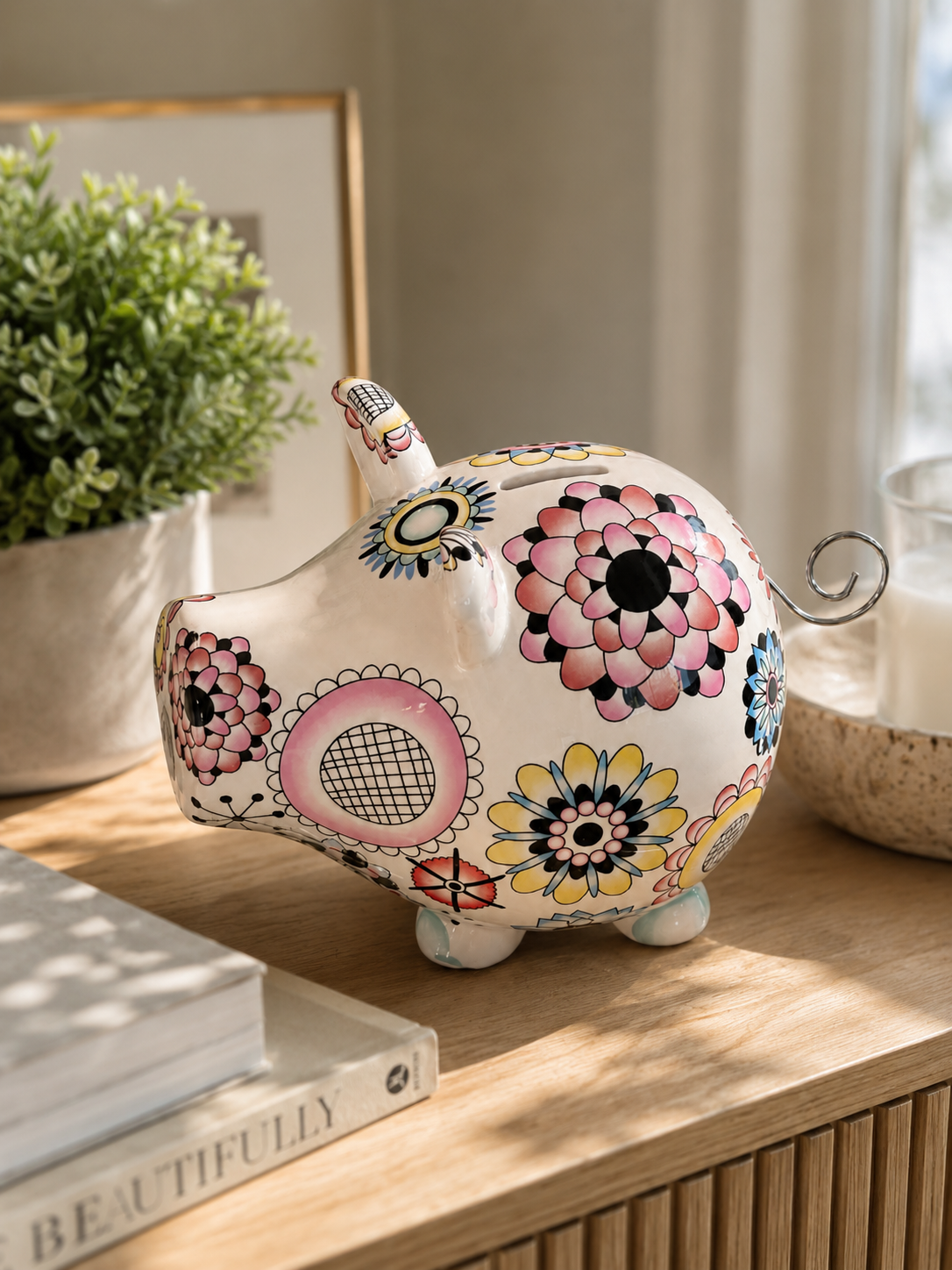 Vintage Style Hand-Painted Floral Ceramic Piggy Bank – Decorative Coin Bank with Metal Curly Tail