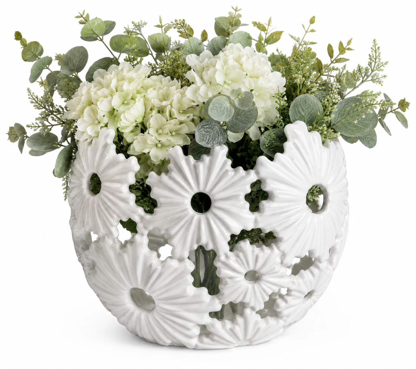 White Floral Cutout Ceramic Decorative Vase