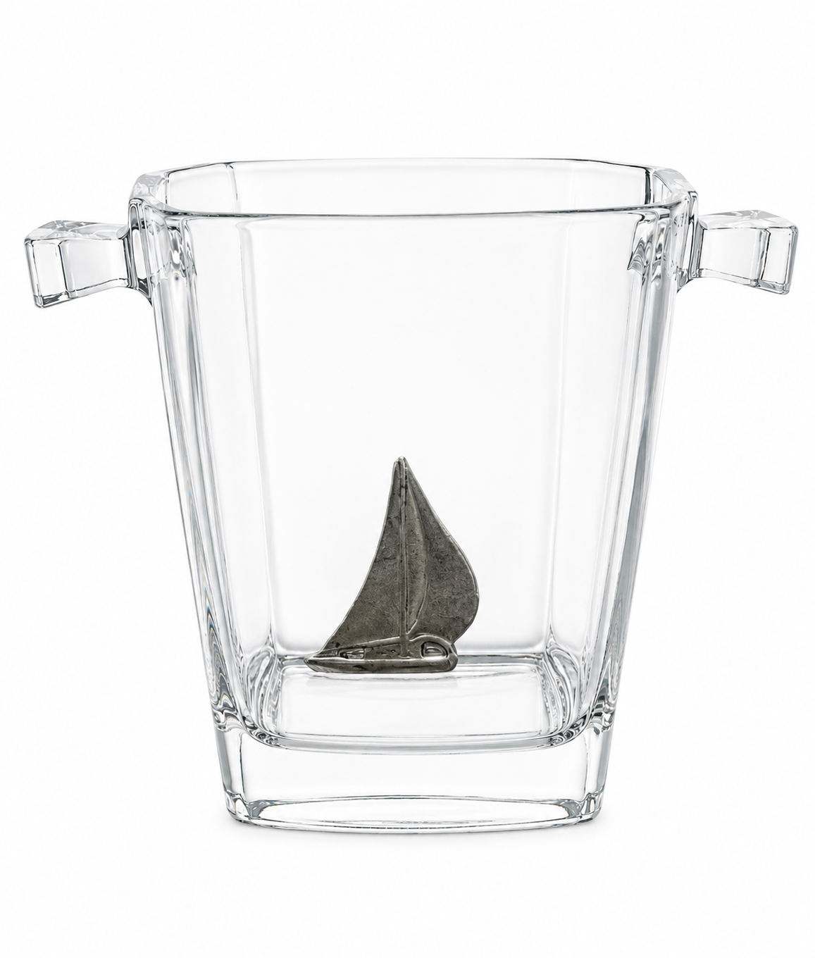 Nautical Glass Ice Bucket with Pewter Sailboat Emblem