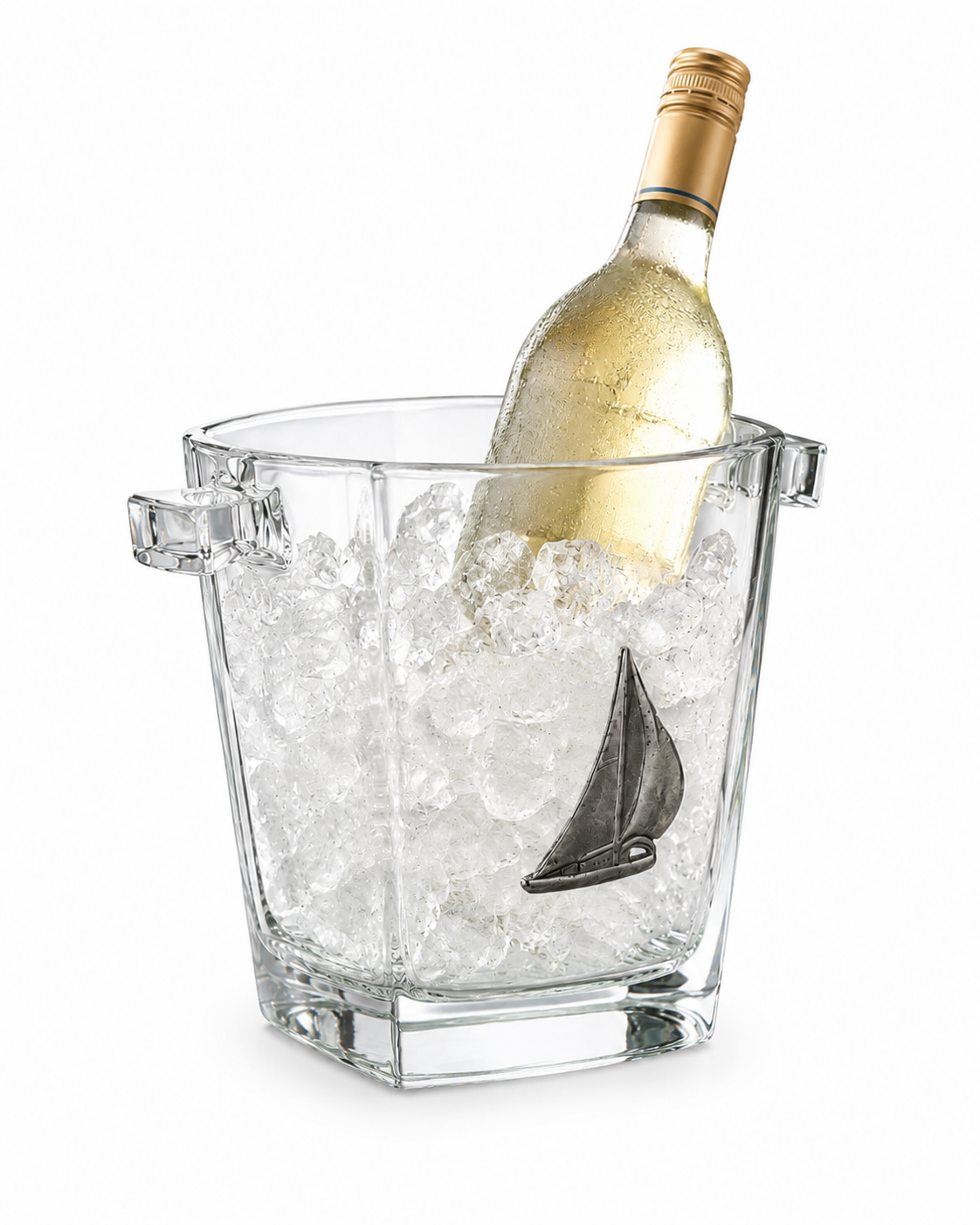 Nautical Glass Ice Bucket with Pewter Sailboat Emblem