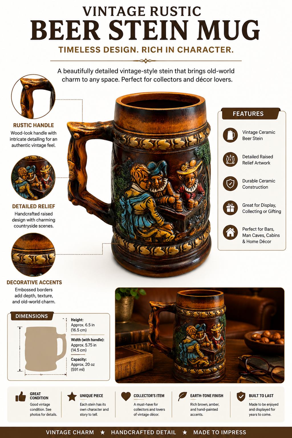 Vintage Rustic Relief Beer Stein Mug
