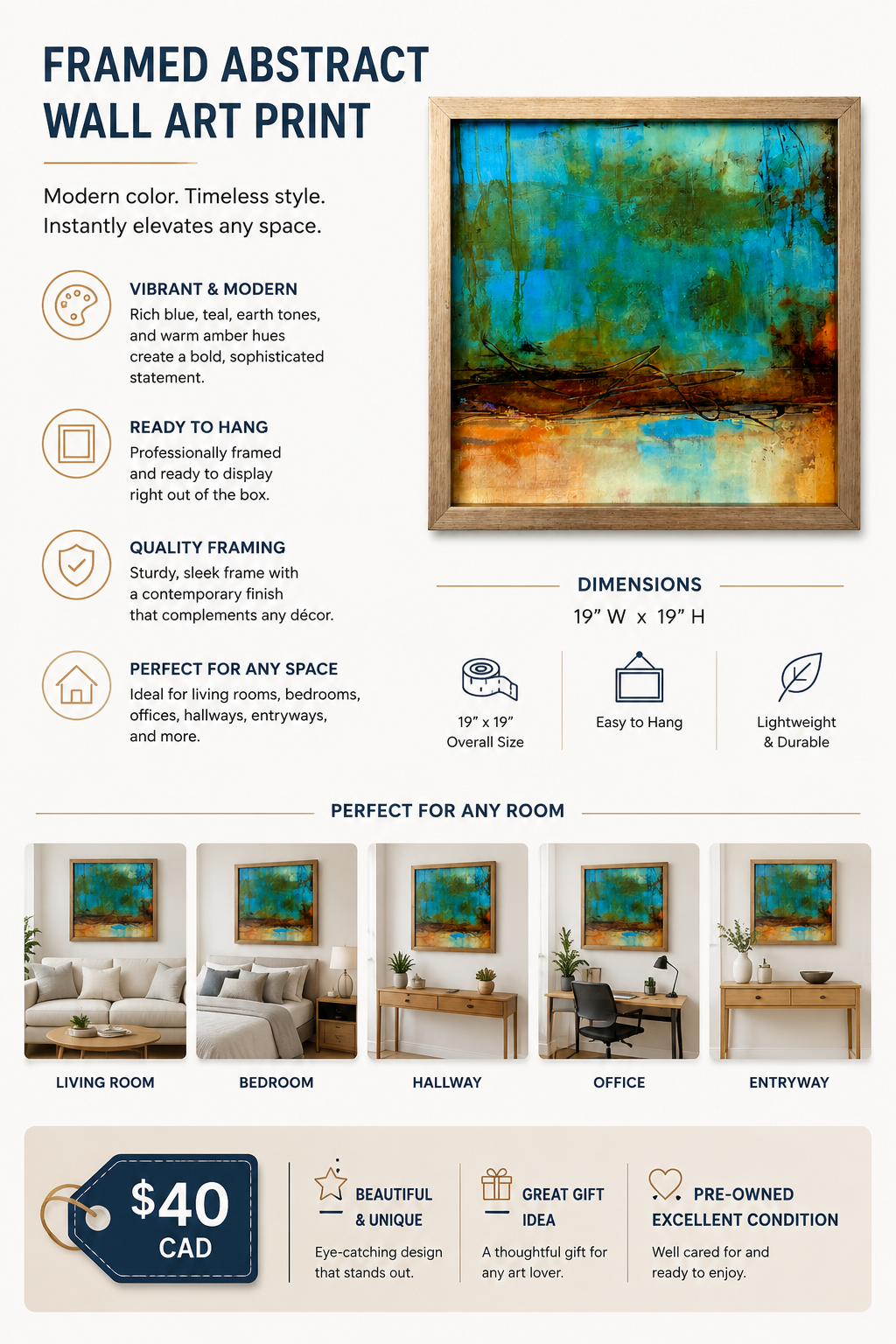 Framed Abstract Wall Art Print – Modern Blue & Earth Tone Artwork with Espresso Finish Frame